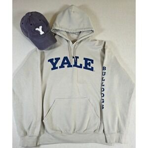 Yale University YU Pullover Hoodie Men M Tan and Blue Bulldogs Graphic Free Hat!